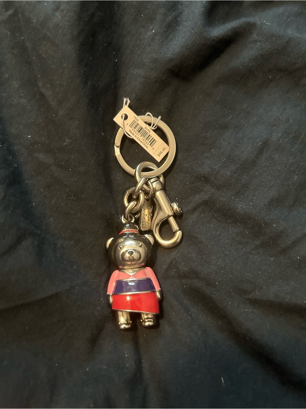 Coach Princess Mulan Enamel Bear Keychain in Silver, Pink & Red